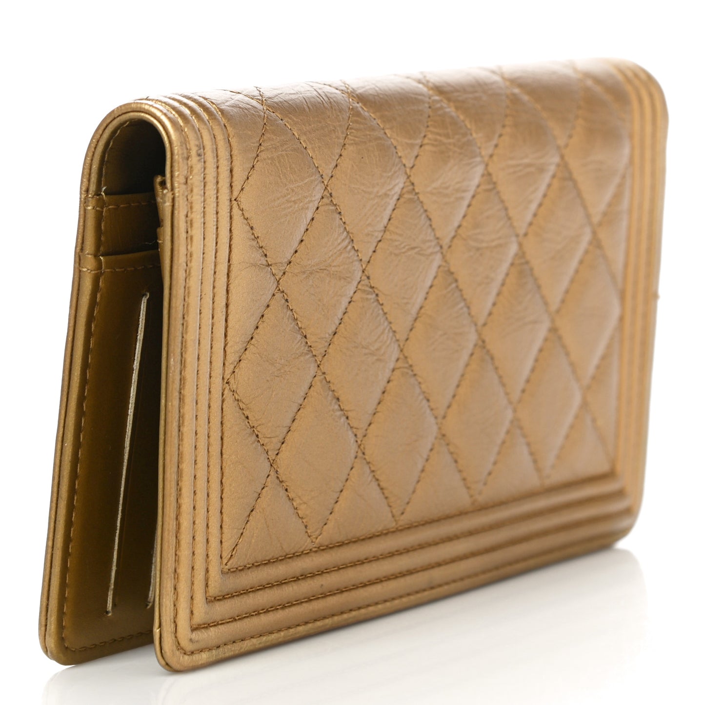 Metallic Aged Calfskin Quilted Boy Yen Wallet Gold
