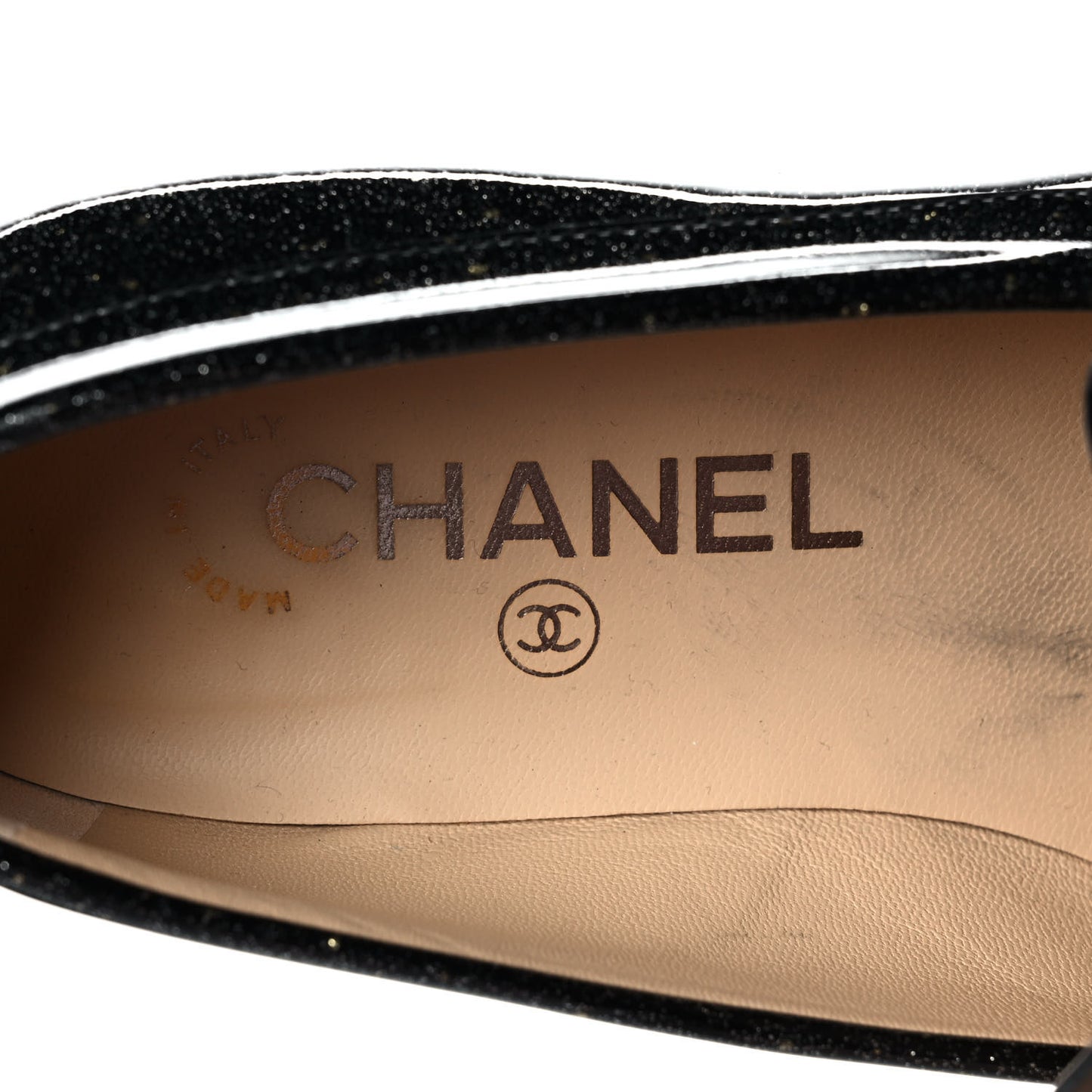 Patent Crackled Calfskin CC Mocassin Loafers 38 Black