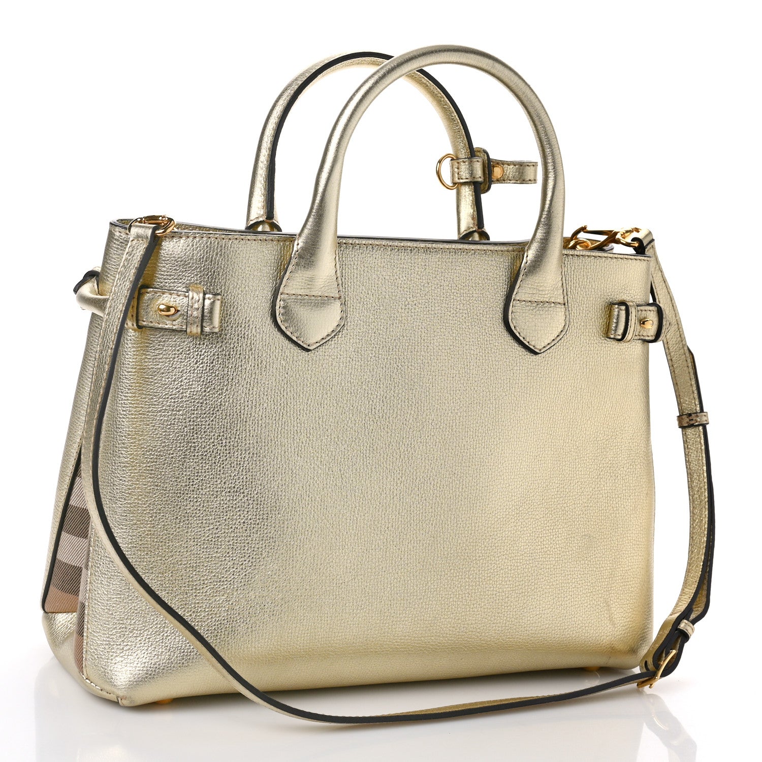Burberry Metallic Grainy Calfskin House Check Medium Banner Tote Gold 3 of 9