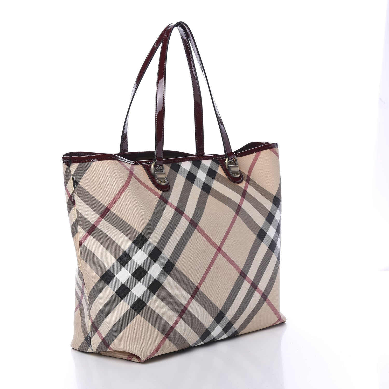 Burberry Patent Trim Nova Check Medium Shopper Tote Burgundy 3 of 16
