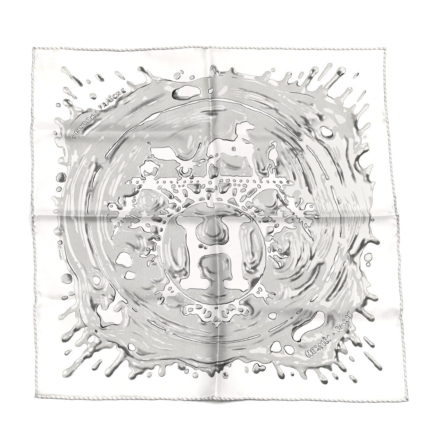 Hermes Silk Peinture Fraiche Pocket Square White Gris Perle 1 of 5