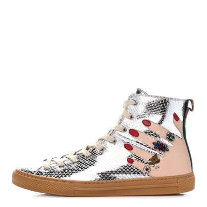 Gucci Calfskin Snake Embossed Embellished High Top Sneakers 41 Silver 1 of 12