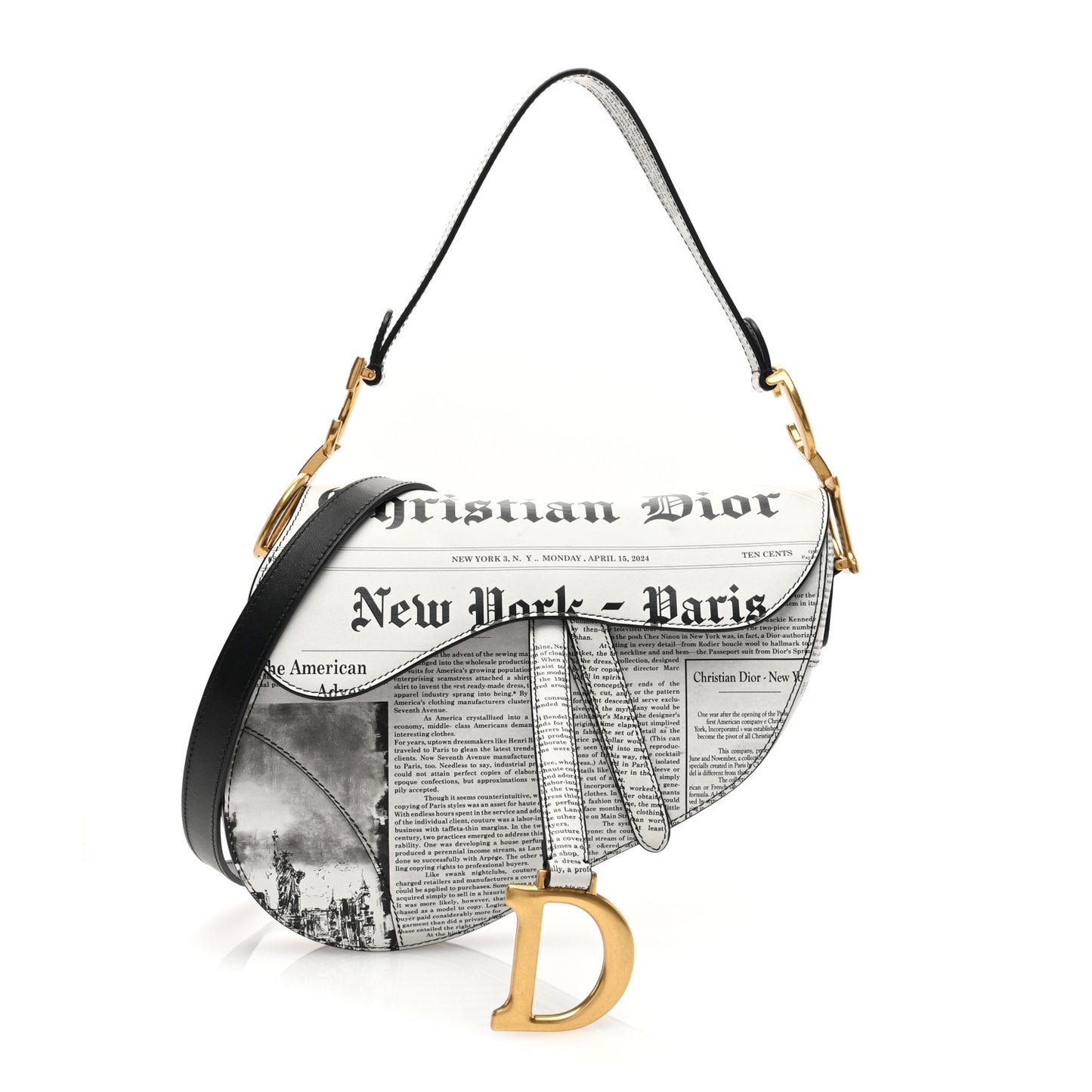 Calfskin Newspaper Printed Saddle Bag With Strap Black White