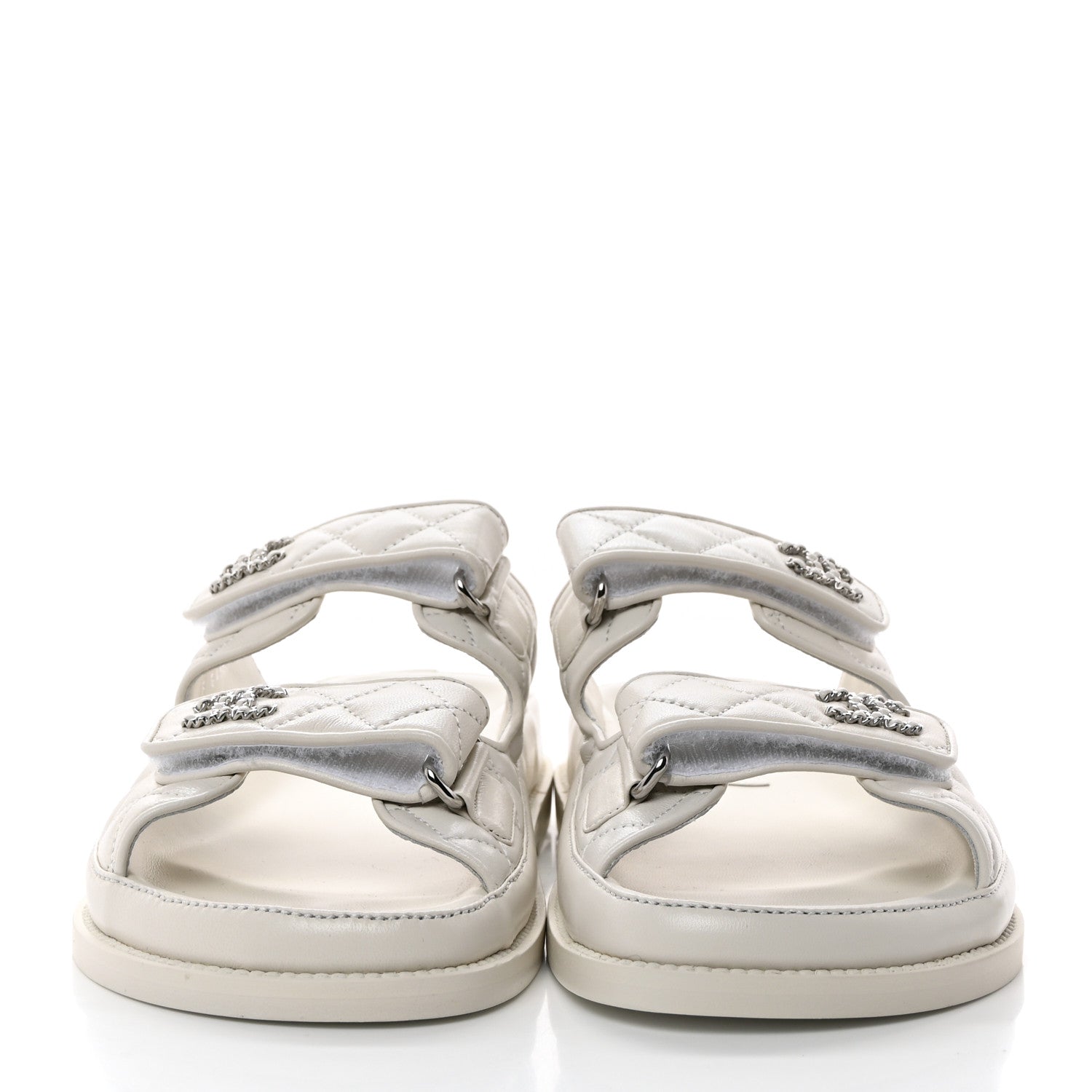 Chanel Lambskin Quilted Velcro Dad Chain CC Slide Sandals 38 White 2 of 9
