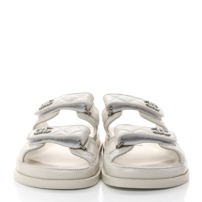 Chanel Lambskin Quilted Velcro Dad Chain CC Slide Sandals 38 White 2 of 9