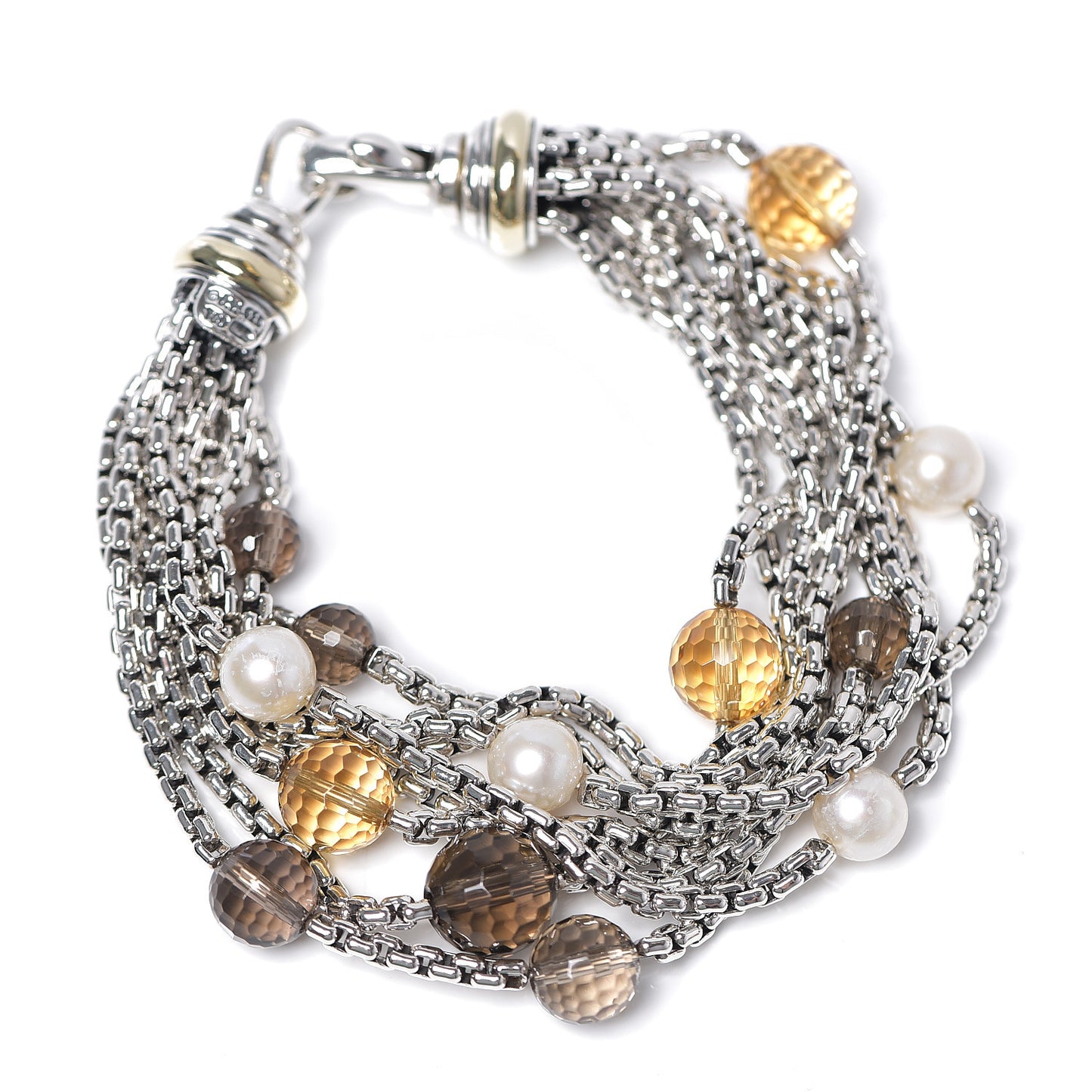 Sterling Silver 18K Yellow Gold Citrine Pearl Smoky Quartz Multi-Chain Bracelet