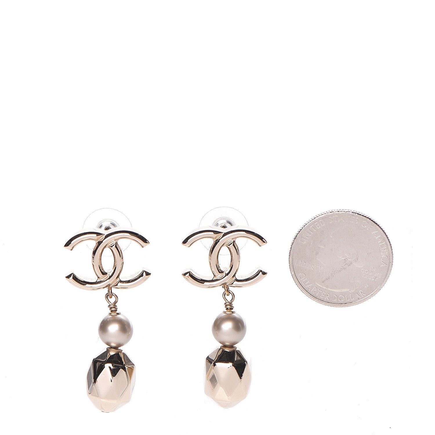 Chanel Metal Bead Pearl CC Drop Earrings Golden Pearly White 2 of 5