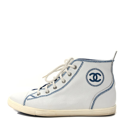 Chanel Calfskin High Top Sneakers 38 White Blue 1 of 8