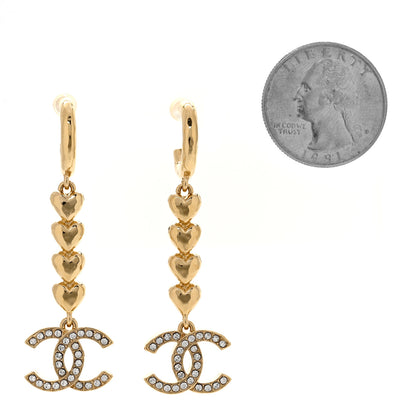 Chanel Metal Crystal CC Heart Hoop Long Drop Earrings Gold 2 of 4