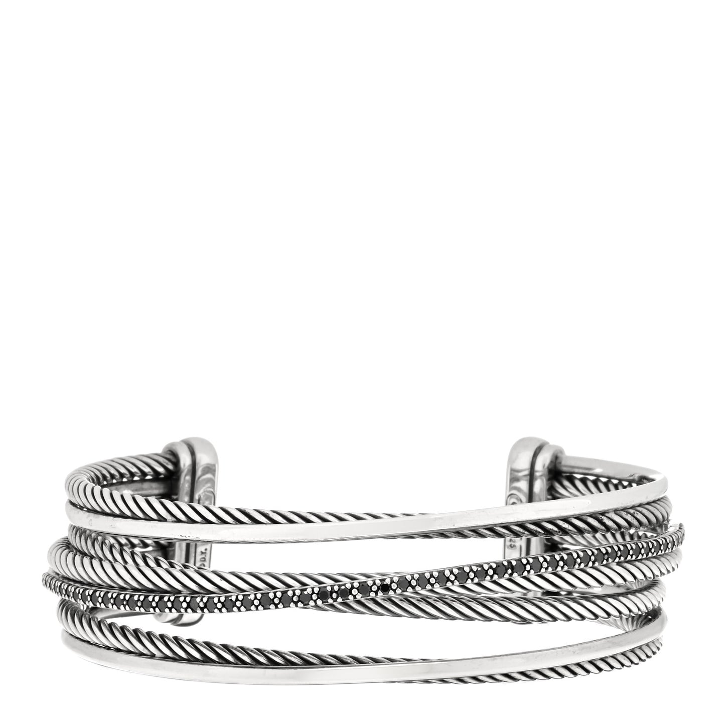 Sterling Silver Black Diamond Crossover Four Row Cuff Bracelet