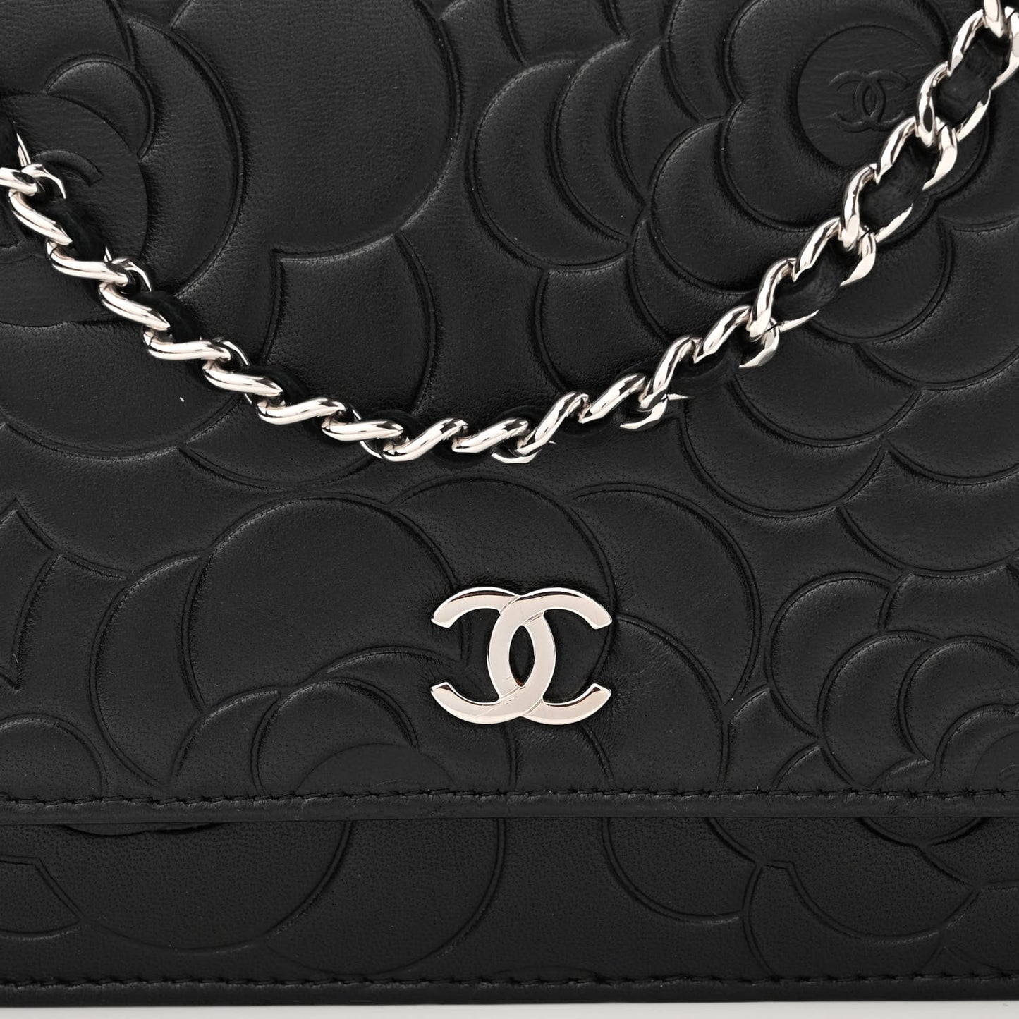Lambskin Camellia Embossed Wallet on Chain WOC Black