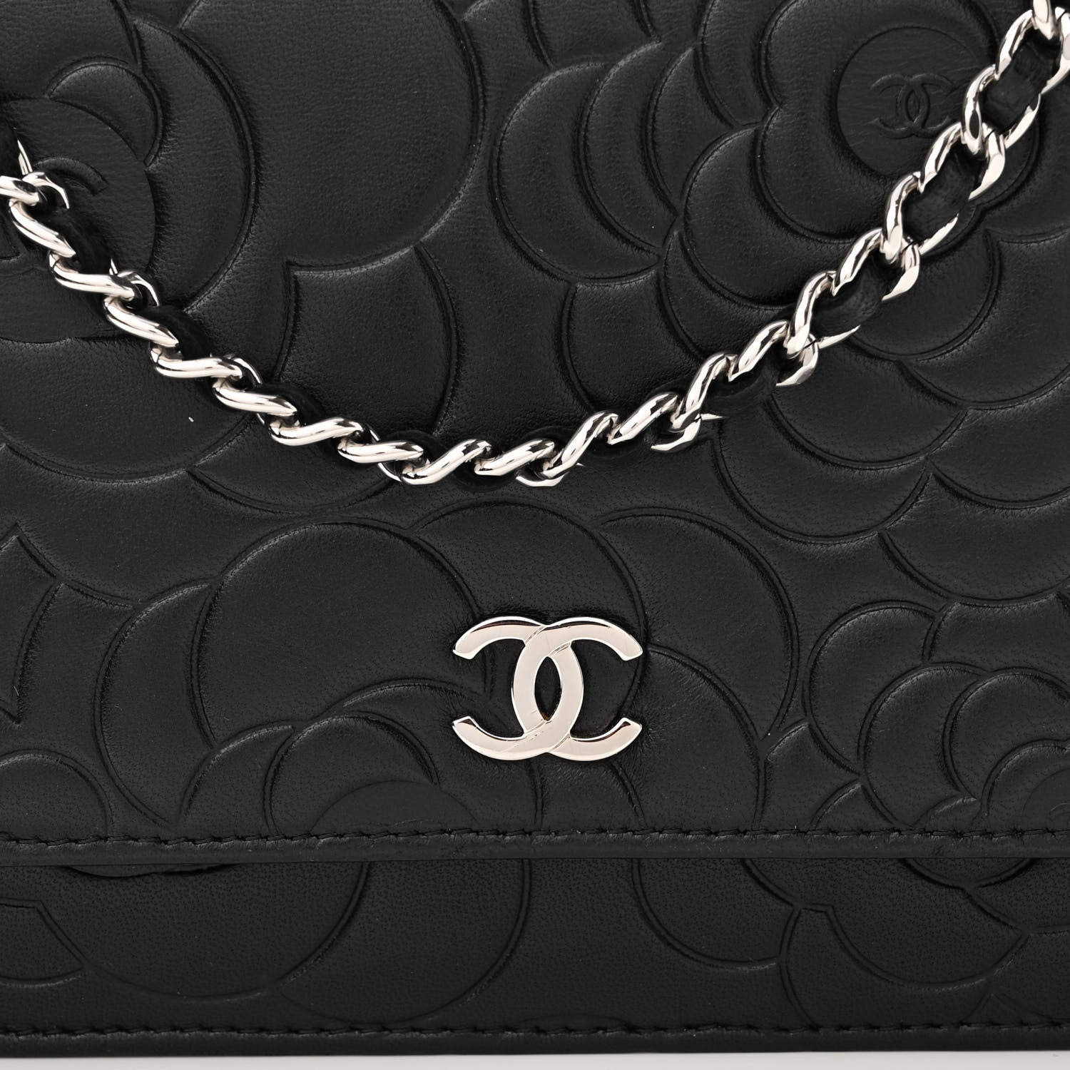 Chanel Lambskin Camellia Embossed Wallet on Chain WOC Black 9 of 12