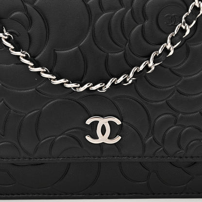 Chanel Lambskin Camellia Embossed Wallet on Chain WOC Black 9 of 12