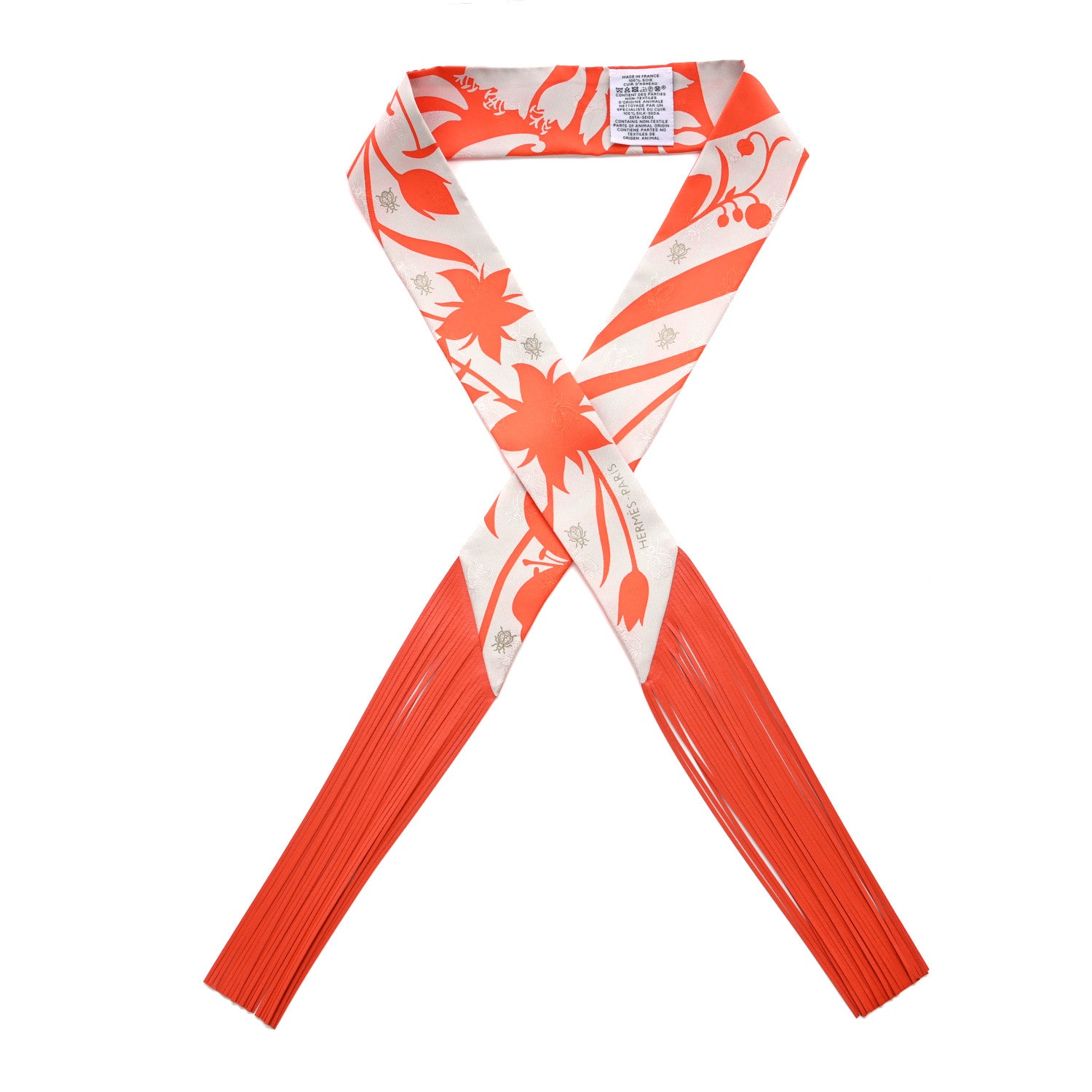 Hermes Silk Calfskin Bouquet Final Fringed Twilly Orange Gris Perle Vermillion 1 of 4