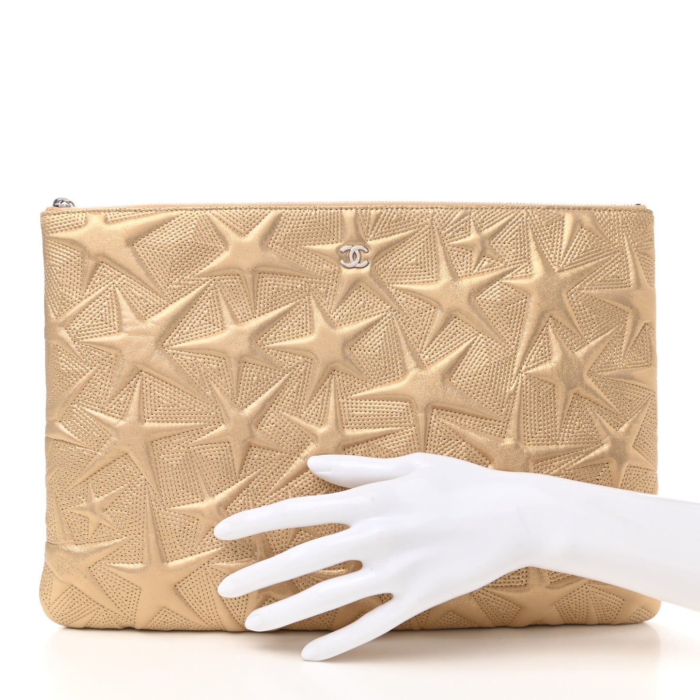 Metallic Lambskin Star Embossed Large Cosmetic Pouch Gold