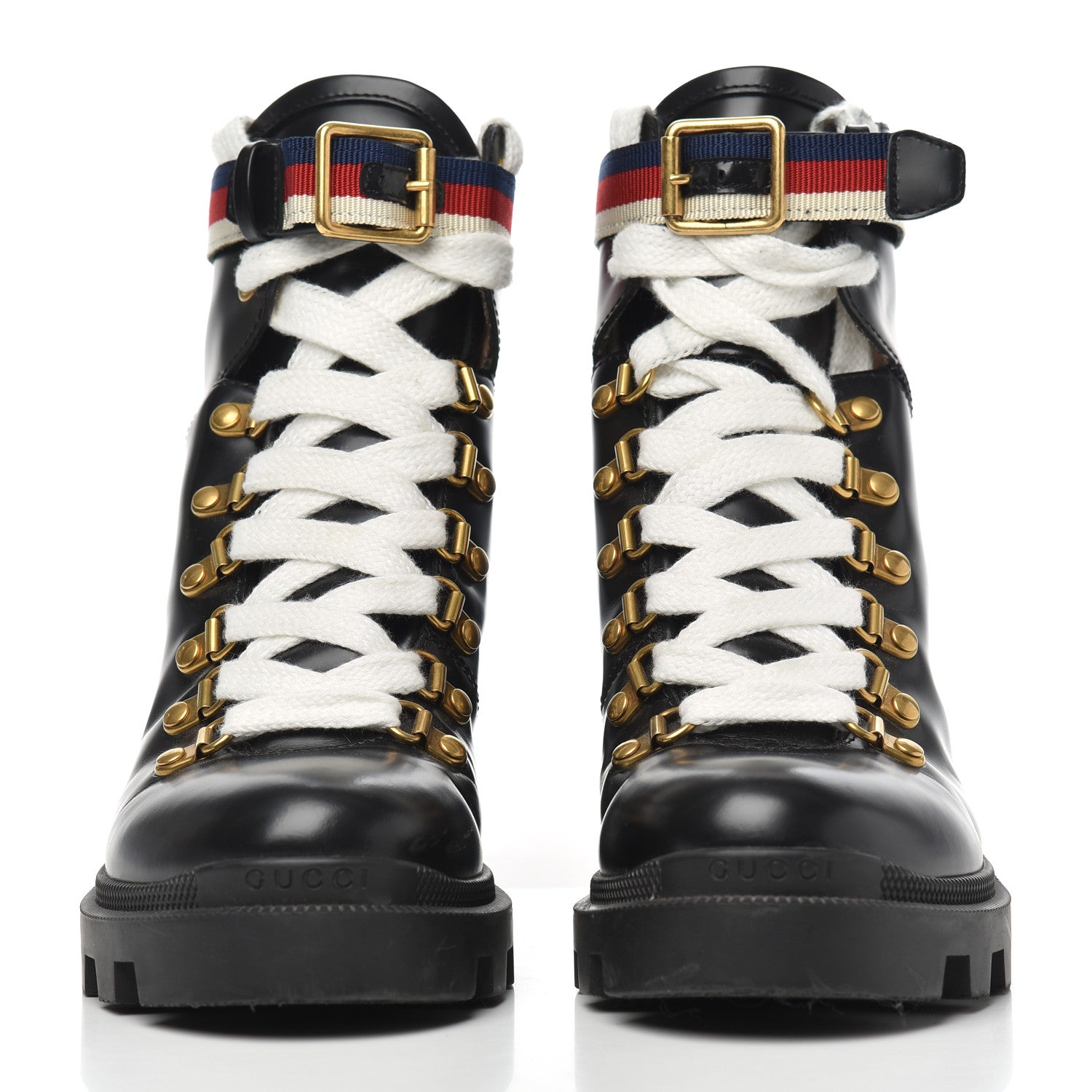 Gucci Calfskin Sylvie Web Lace Up Combat Boots 36 Black 2 of 17