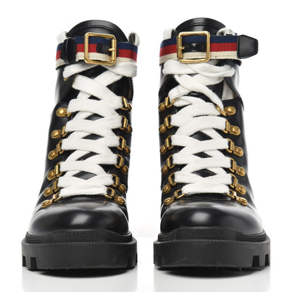 Gucci Calfskin Sylvie Web Lace Up Combat Boots 36 Black 2 of 17