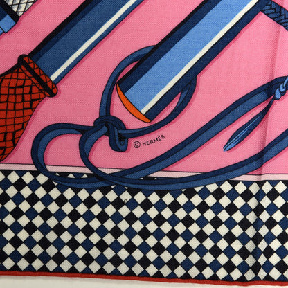 Hermes Silk Cashmere Fouets Et Badines Bandana Shawl 140 Rose Vif Bleu Rouge 3 of 4