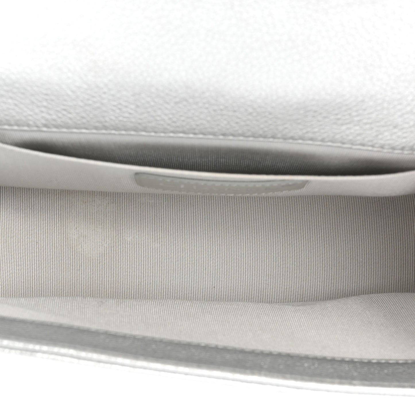 Metallic Calfskin Camellia Quilted Small Boy Flap Silver