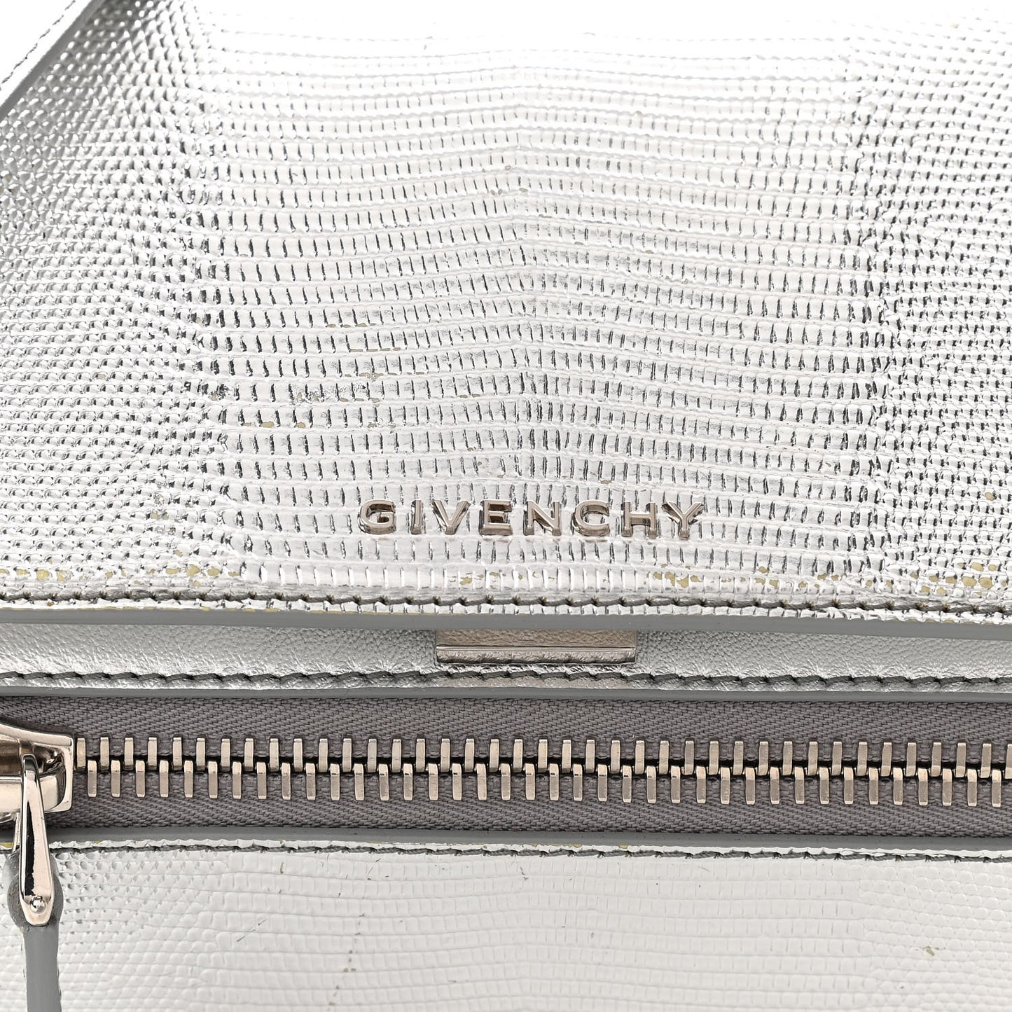 Metallic Calfskin Lizard Embossed Mini Pandora Box Crossbody Bag Silver