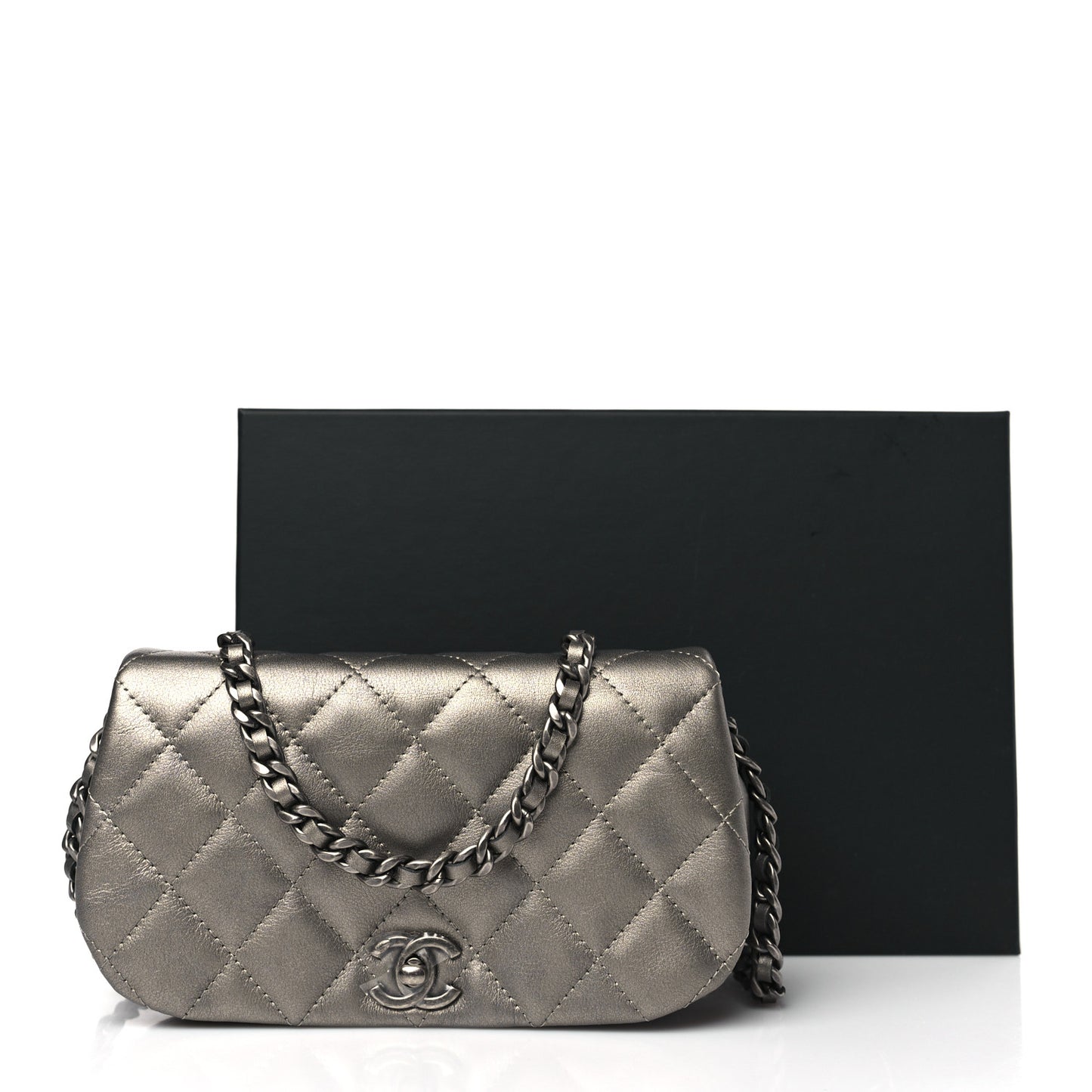 Metallic Calfskin Quilted Flap Clutch With Chain Ruthenium
