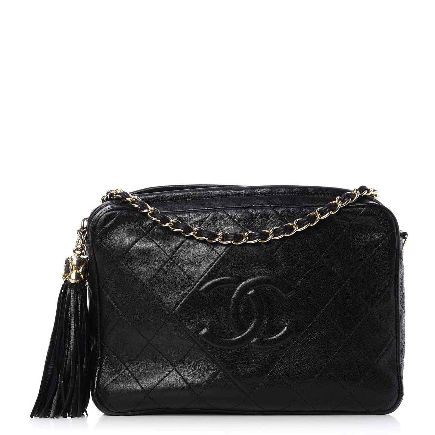 Lambskin Quilted Tassel Camera Case Black