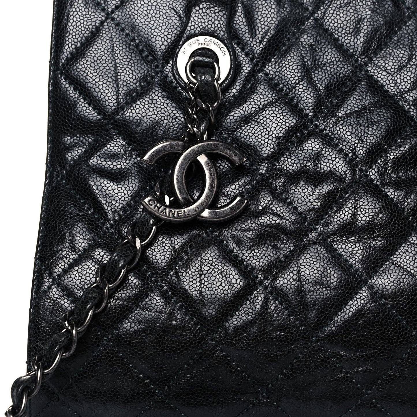 Crumpled Grained Calfskin Quilted CC Crave Tote Black