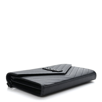 Saint Laurent Grain De Poudre Matelasse Chevron Monogram Monochrome Chain Wallet Black 4 of 9