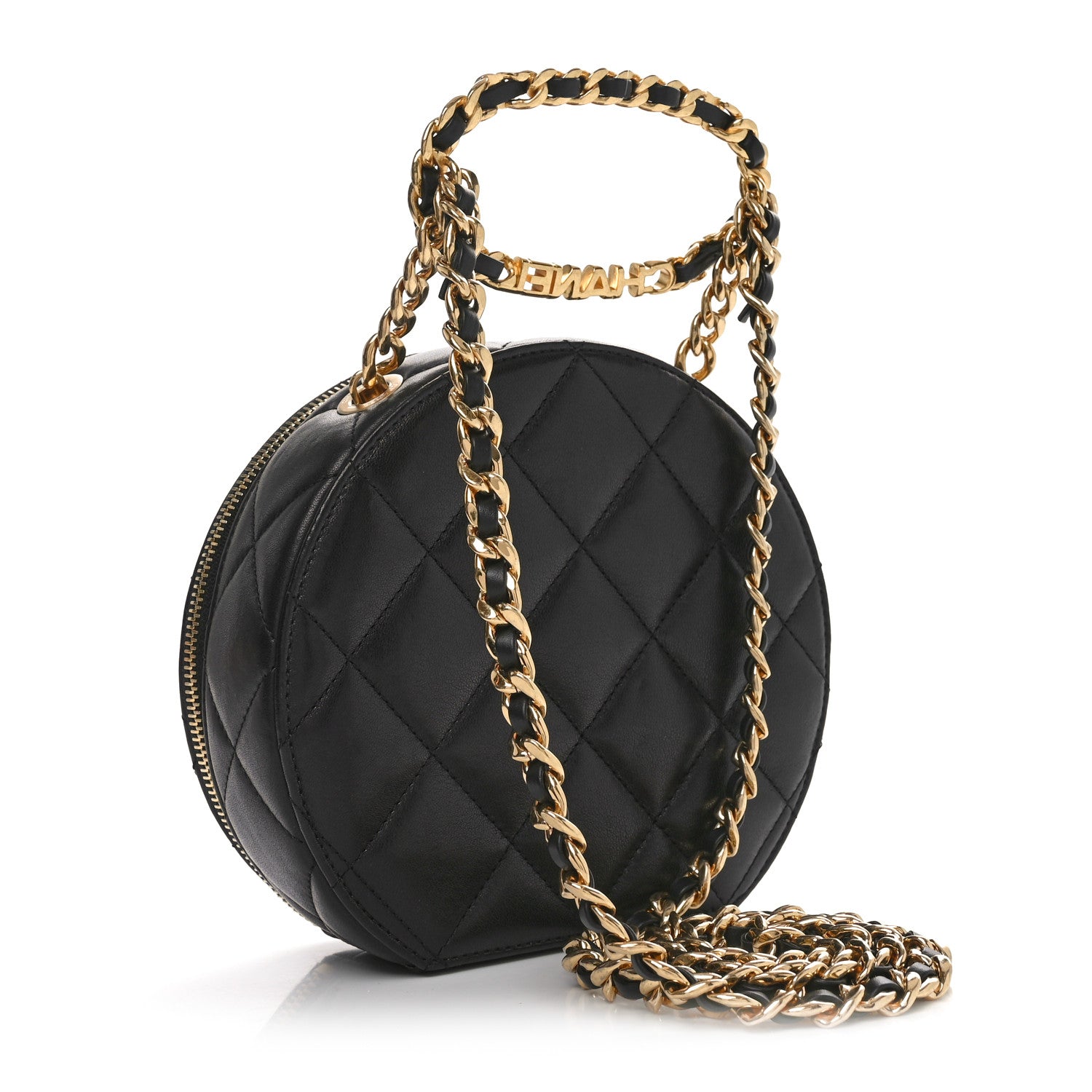 Chanel Lambskin Quilted Chain Logo Top Handle Small Round Black 2 of 11