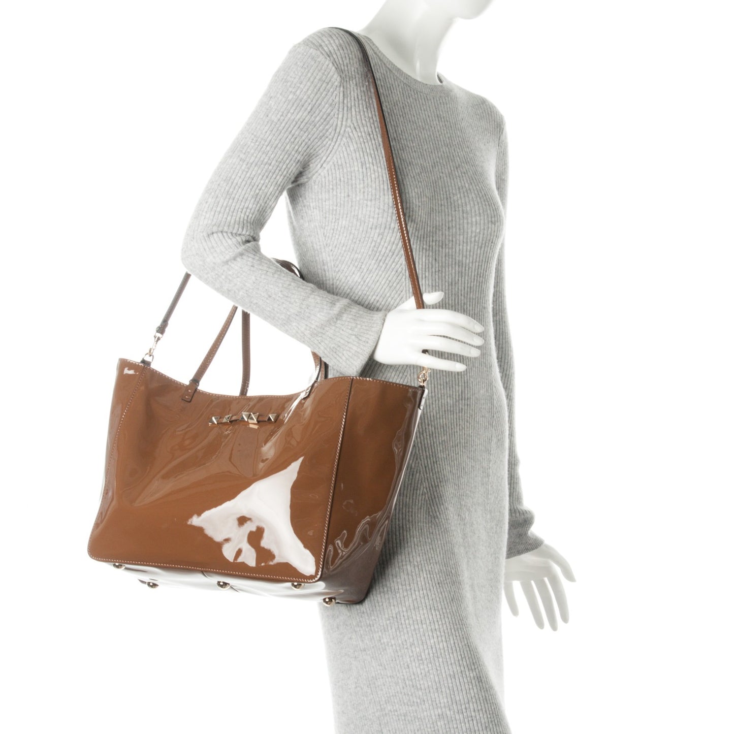 Patent Medium Rockstud Crossbody Tote Taupe
