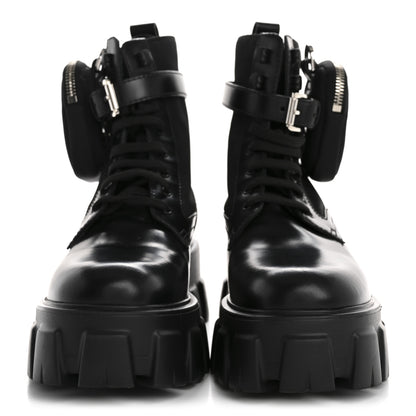 Prada Spazzolato Rois Nylon Metal Triangle Logo Monolith Pouch Pocket 55mm Boots 36.5 Black 3 of 9