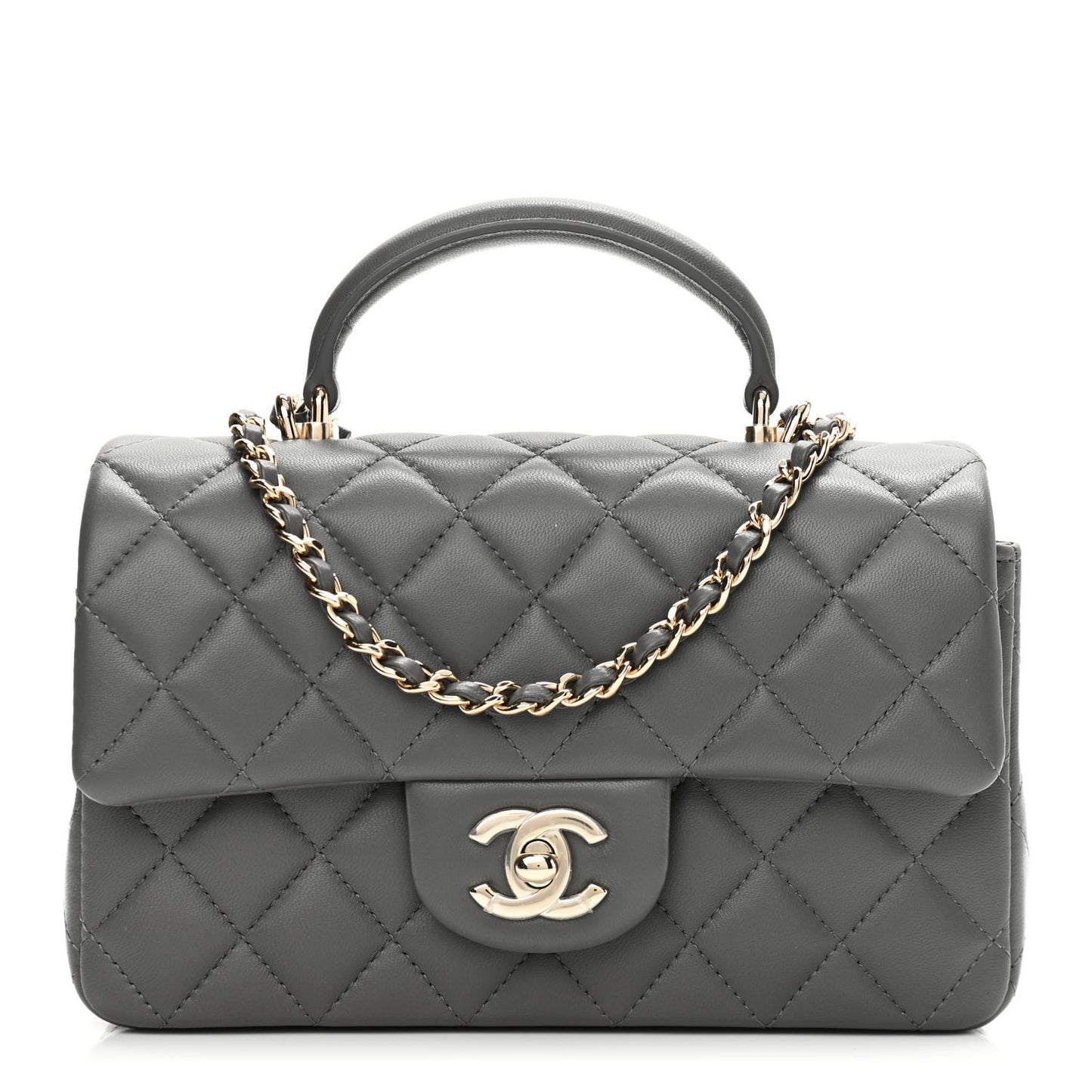 Lambskin Quilted Mini Top Handle Rectangular Flap Dark Grey