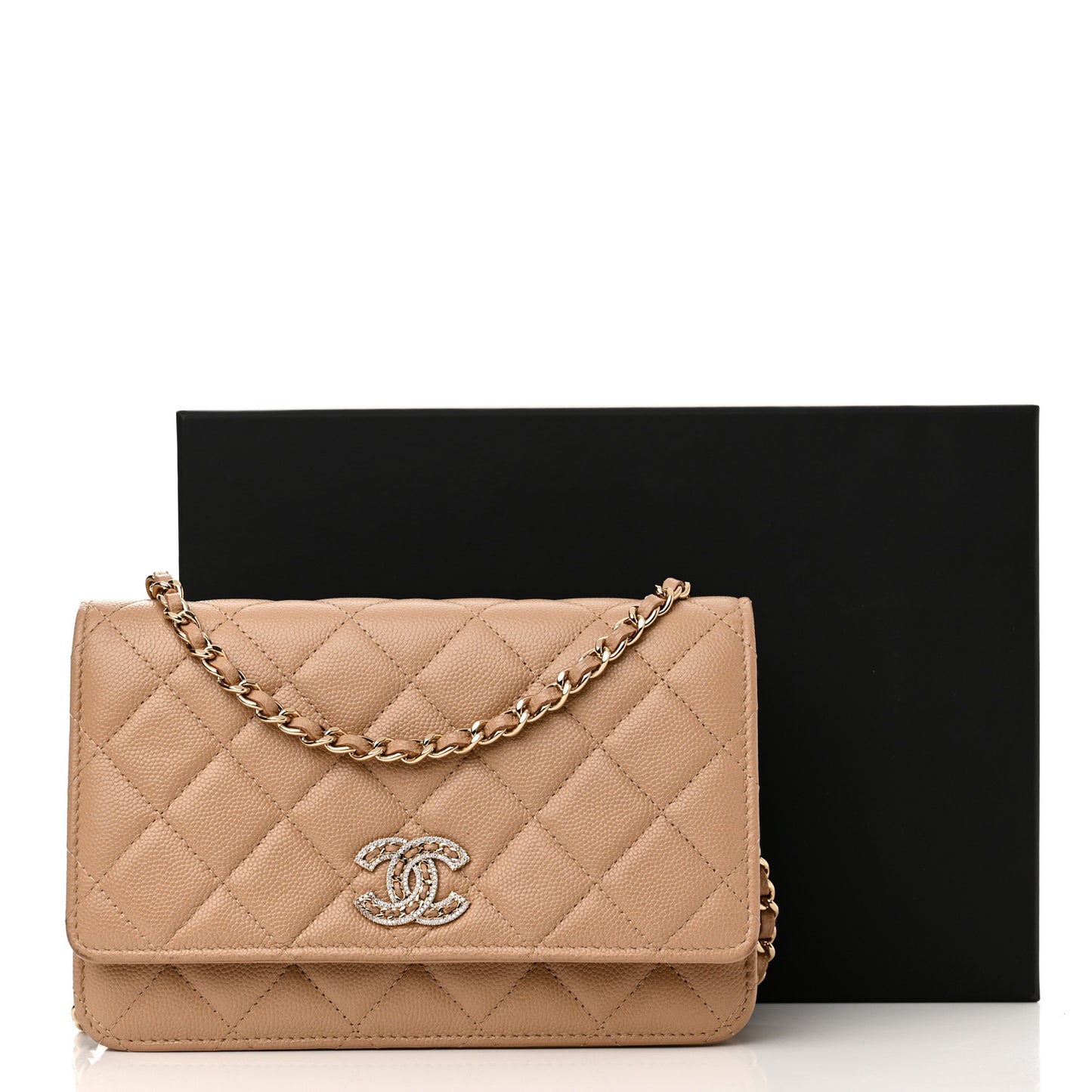 Caviar Quilted Crystal CC Wallet On Chain WOC Beige