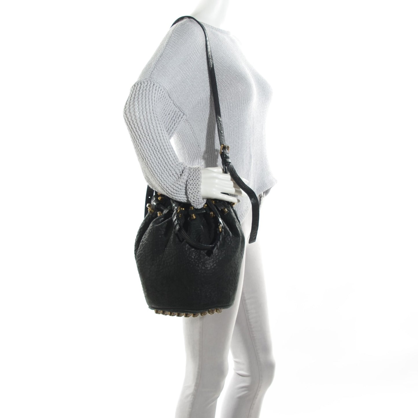 Pebbled Lambskin Diego Bucket Bag Black Antique Brass Hardware