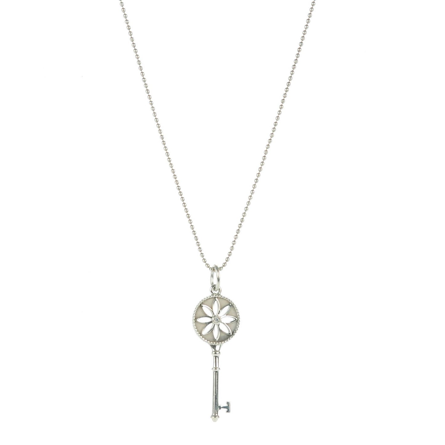Sterling Silver Diamond Small Daisy Key Pendant Necklace