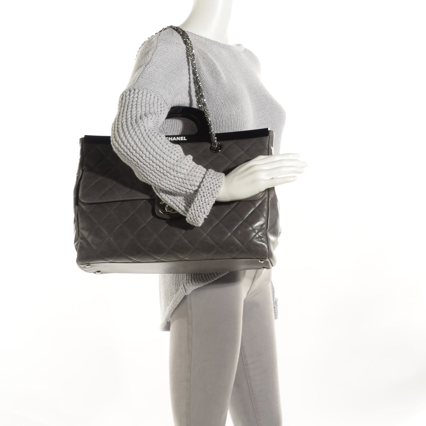 Glazed Calfskin Quilted Large CC Delivery Tote Grey