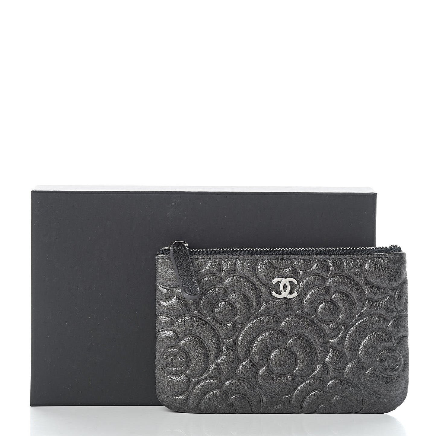 Goatskin Camellia Embossed Cosmetic Pouch Anthracite