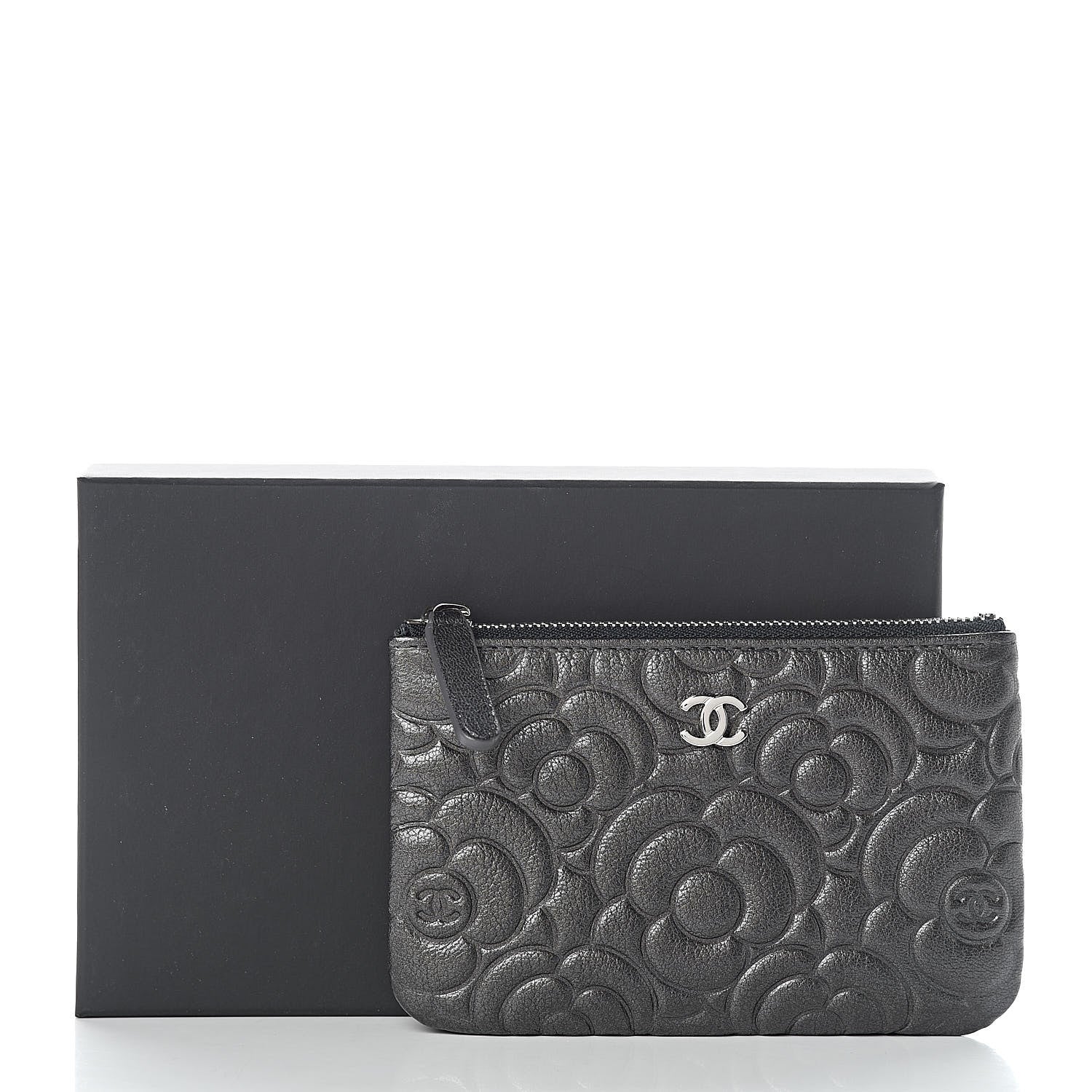 Chanel Goatskin Camellia Embossed Cosmetic Pouch Anthracite 8 of 8