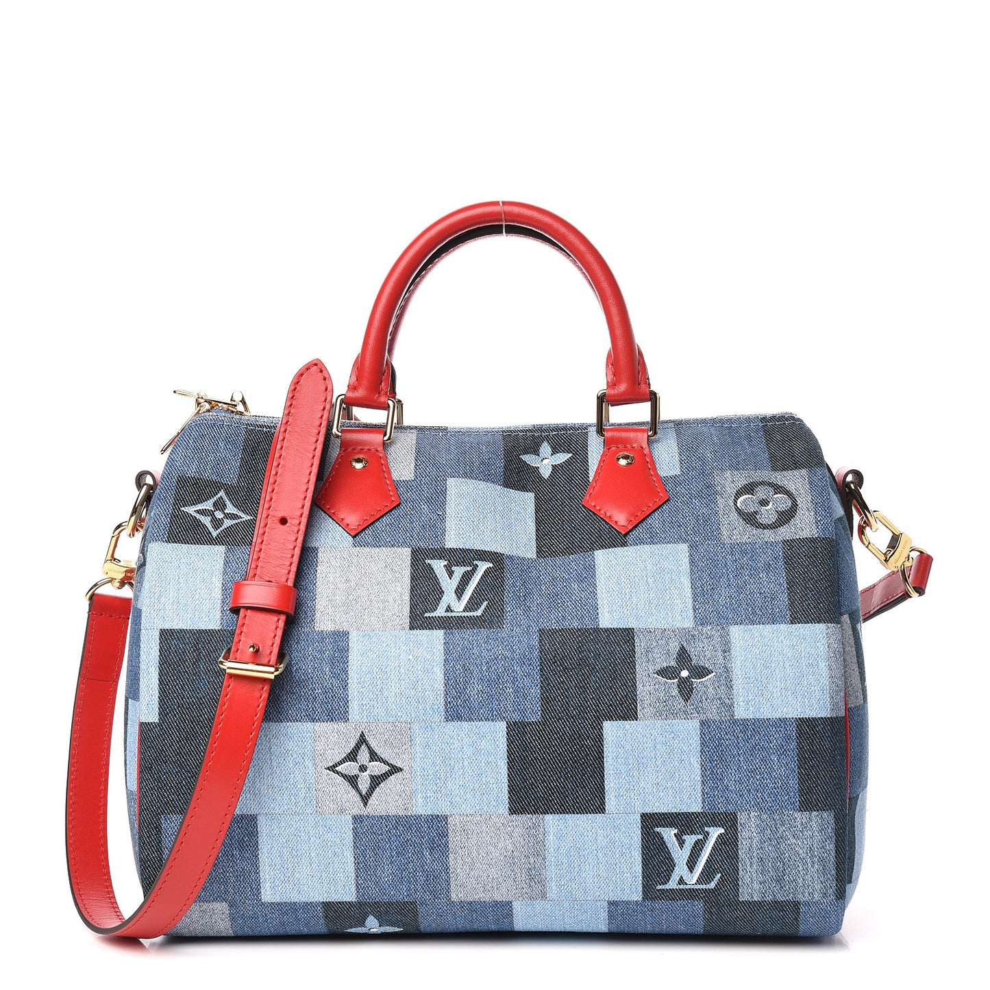Denim Damier Monogram Patchwork Speedy Bandouliere 30 Blue Rouge
