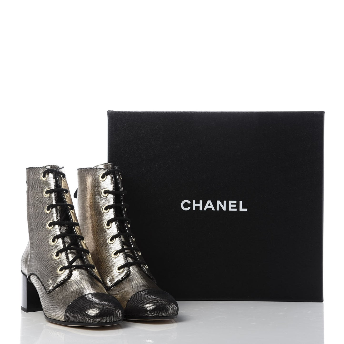 Laminated Calfskin CC Lace Up Short Boots 39.5 Silver Black