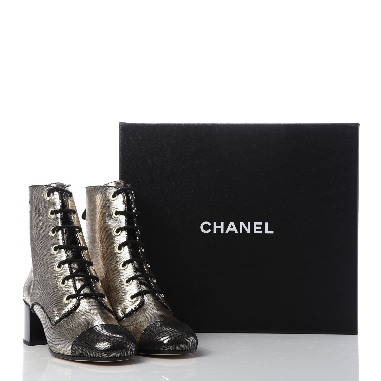 Chanel Laminated Calfskin CC Lace Up Short Boots 39.5 Silver Black 8 of 8