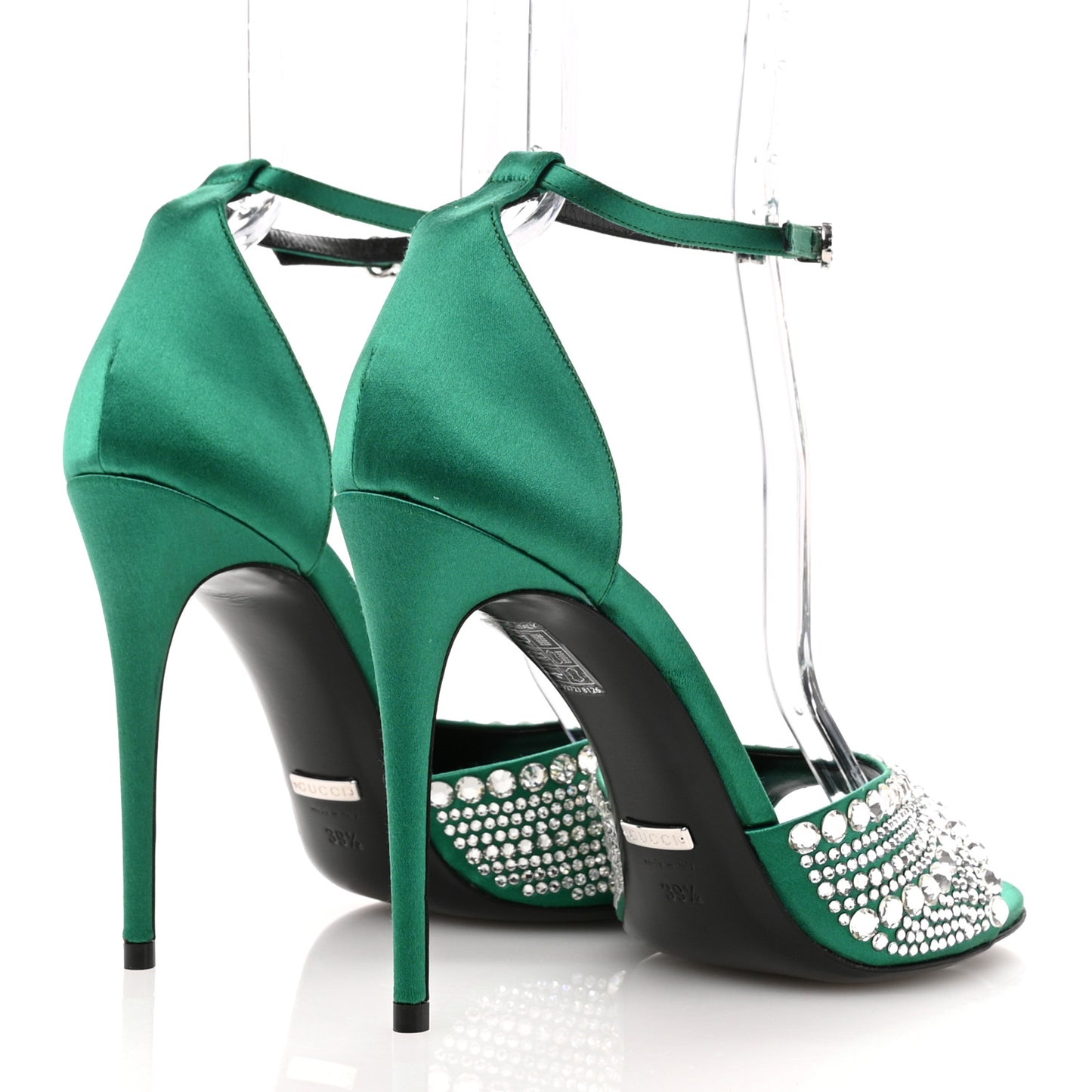 Satin Crystal Ankle Strap Sandal Pumps 39.5 Emerald