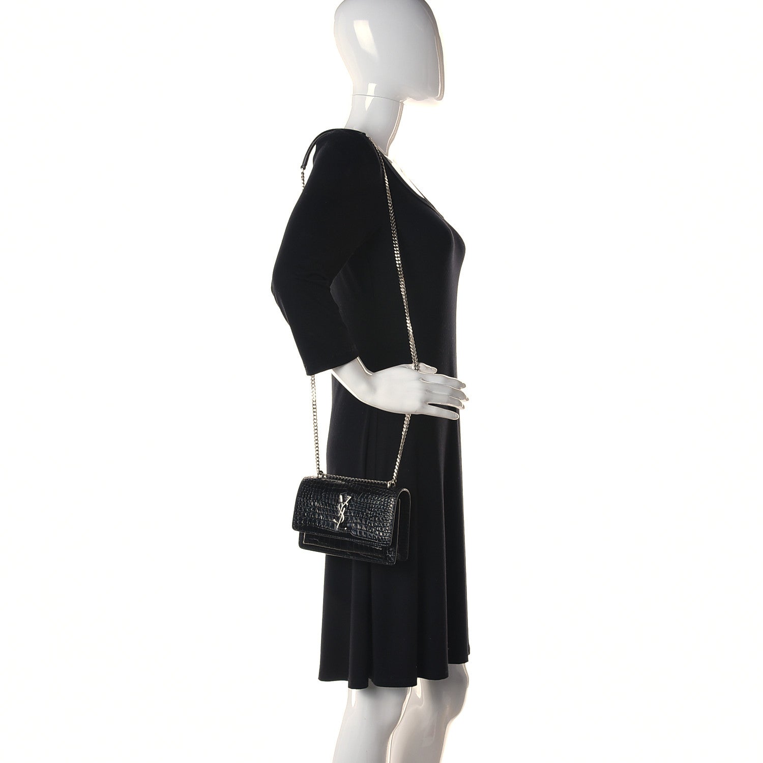 Saint Laurent Calfskin Crocodile Embossed Monogram Sunset Top Handle Chain Wallet Black 2 of 9