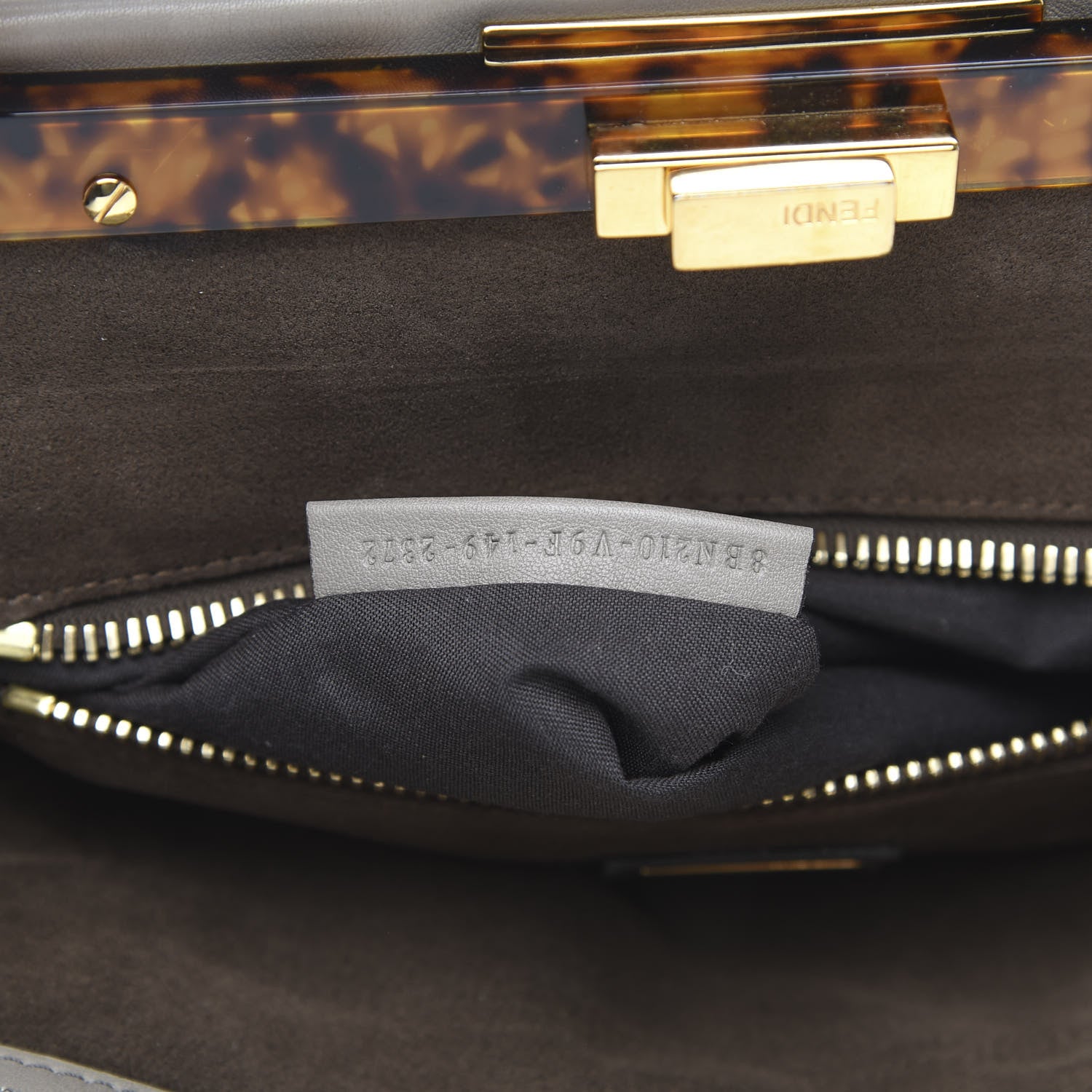 Fendi Vitello Seta Suede Plexiglass Tortoise Large Peekaboo Iconic Satchel Asfalto Marrone 9 of 16