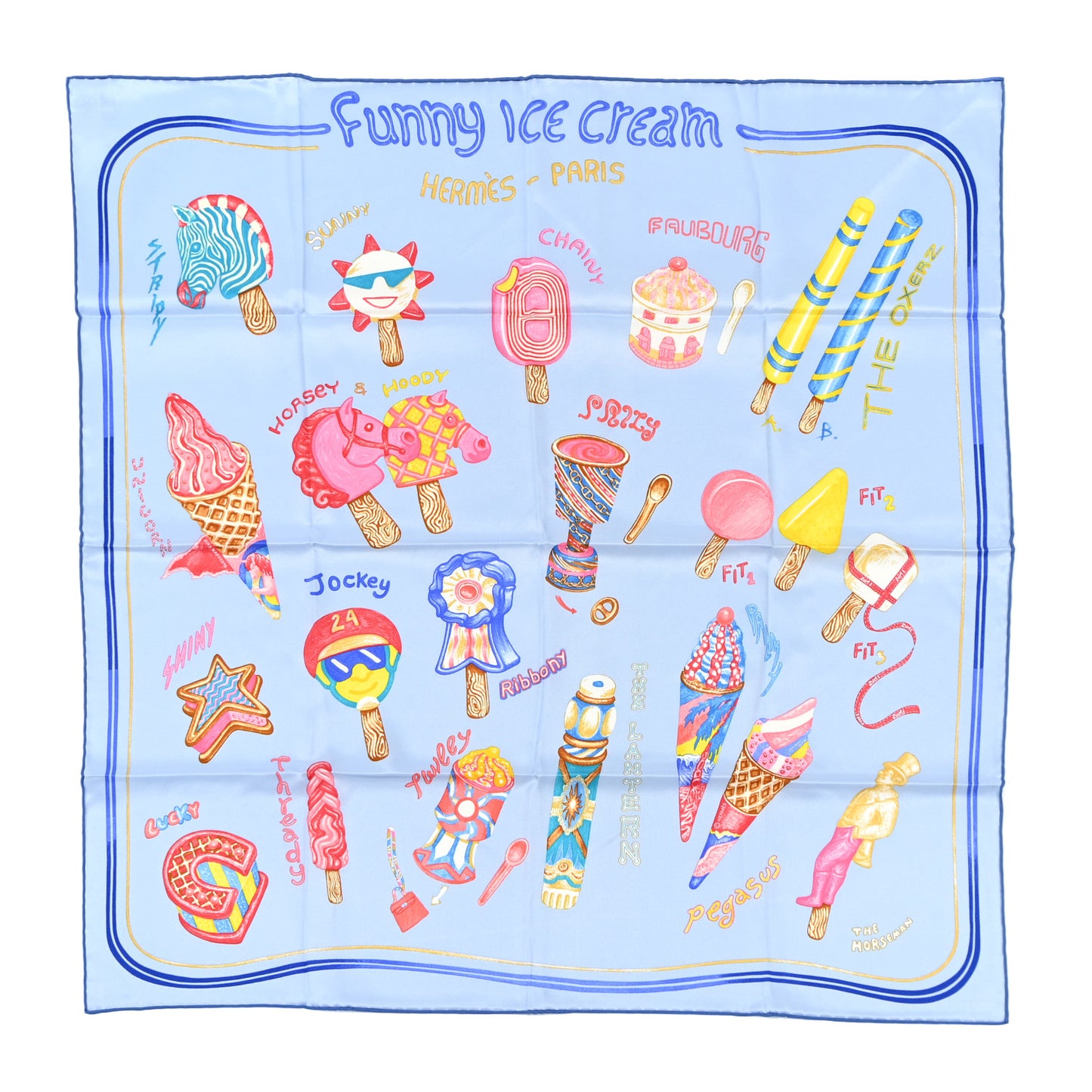 Silk Funny Ice Cream Scarf 70 Bleu Ciel Rose Bonbon Jaune