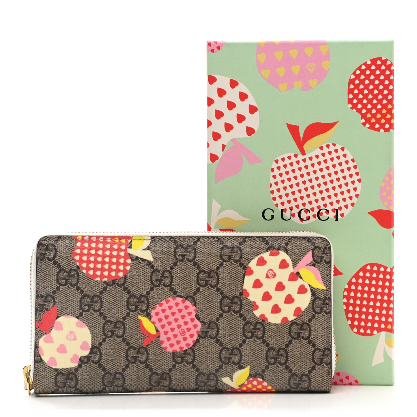 GG Supreme Monogram Les Pommes Zip Around Wallet Beige Multicolor Mystic White