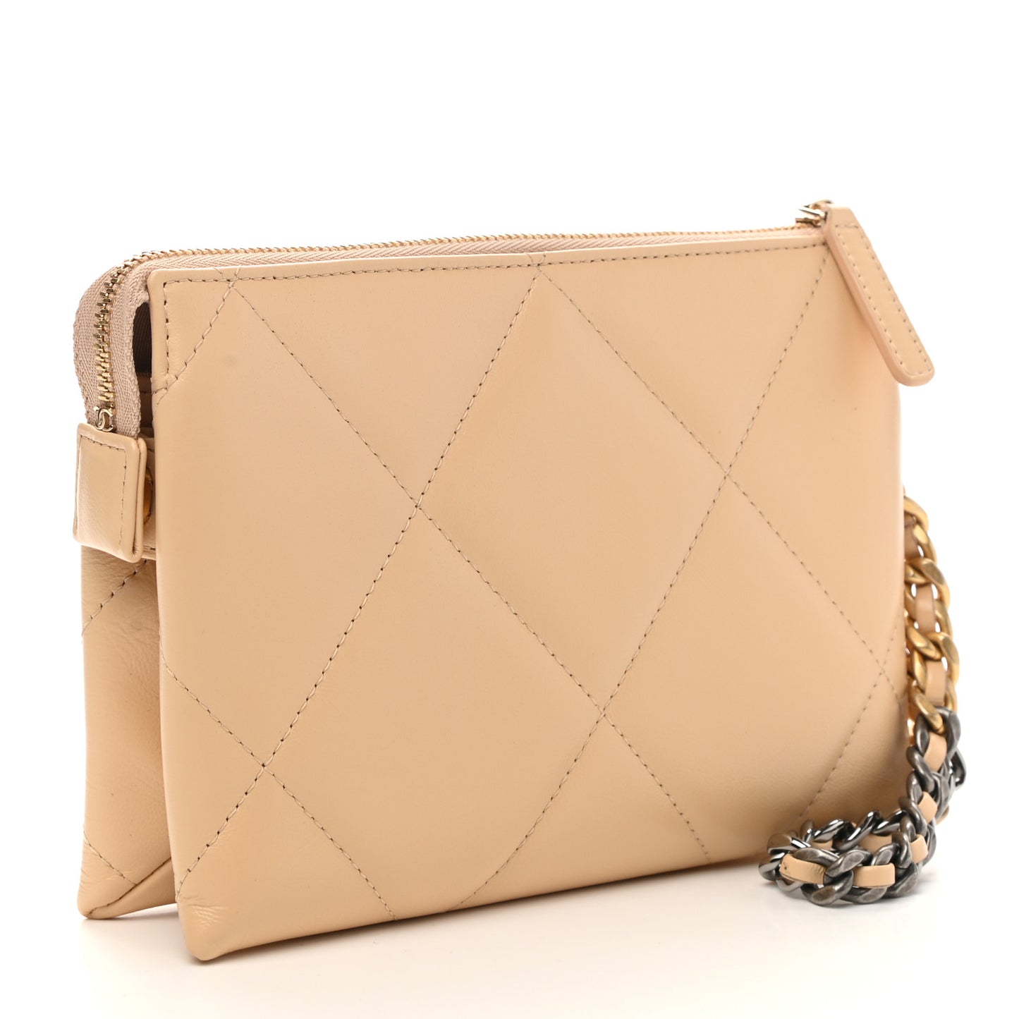 Shiny Goatskin Quilted Chanel 19 Small Pouch With Handle Beige