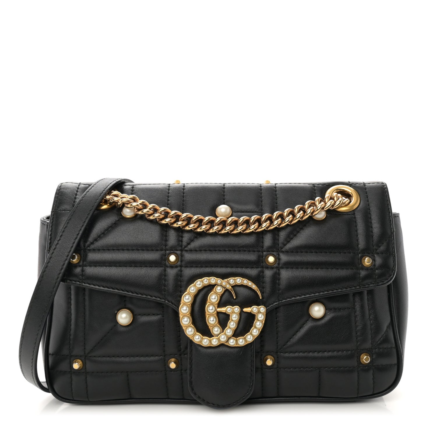 Calfskin Matelasse Studded Small Pearly GG Marmont Shoulder Bag Black