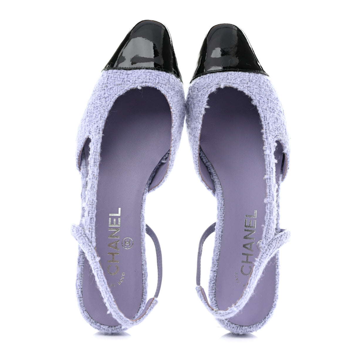 Chanel Iridescent Wool Tweed Patent Cap Toe CC Slingback Flats 39.5 Light Purple Silver Black 2 of 13
