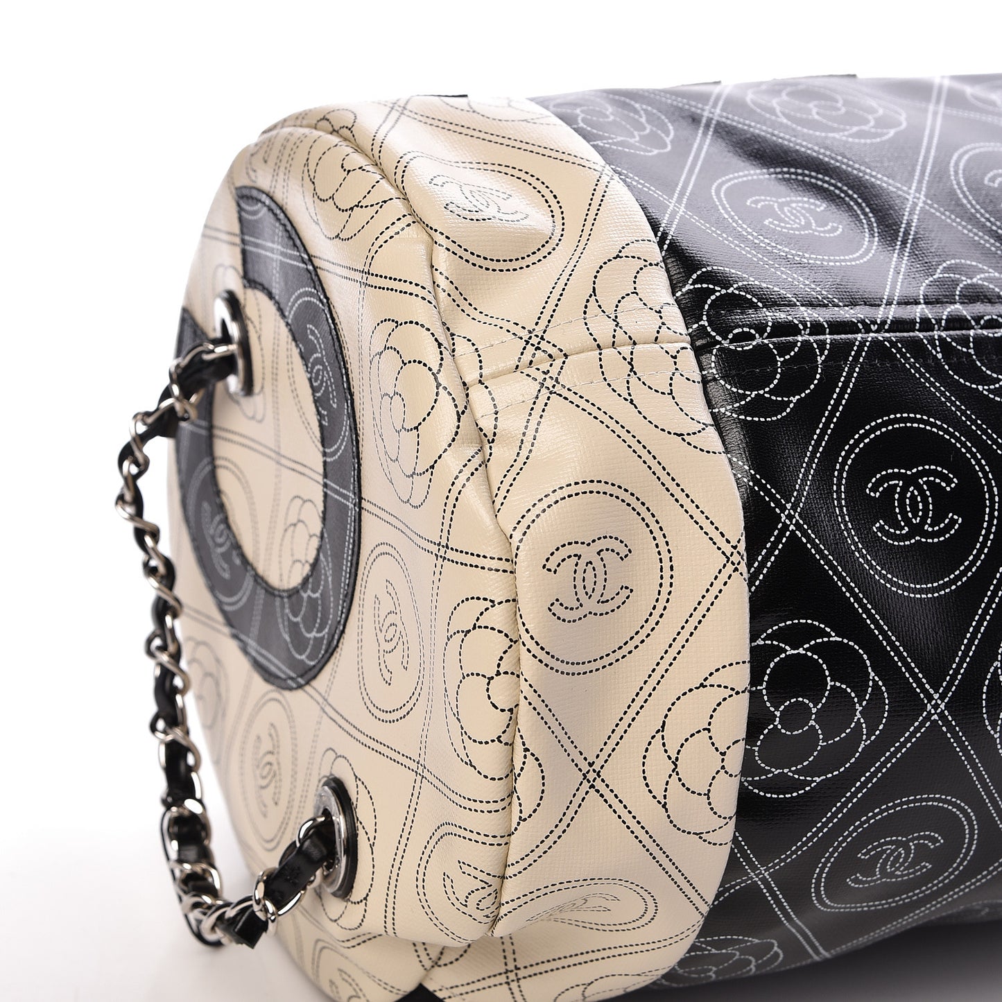 Coated Canvas Camellia Printed Calfskin Bowling Bag Black Beige